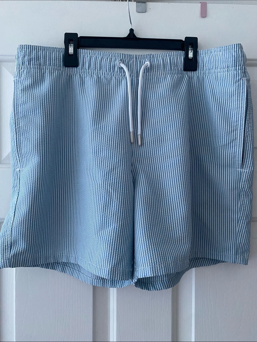 Hollister Blue and White Seersucker Striped Swim Trunks